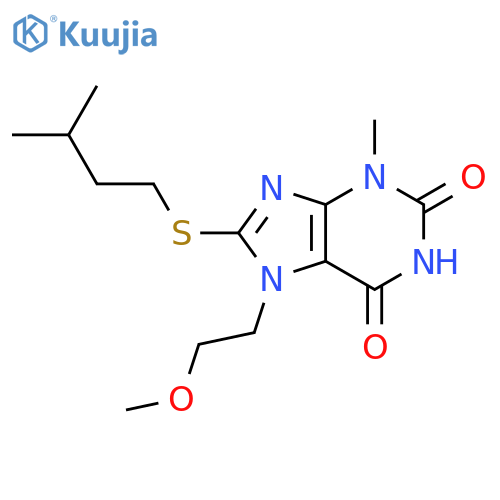 7-(2-methoxyethyl)-3-methyl-8-(3-methylbutyl)sulfanyl-2,3,6,7-tetrahydro-1H-purine-2,6-dione structure