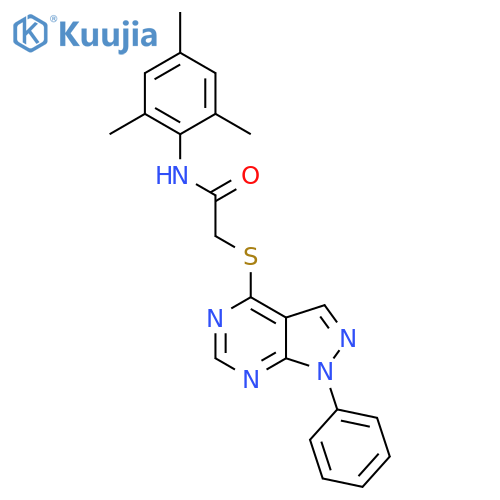 2-({1-phenyl-1H-pyrazolo3,4-dpyrimidin-4-yl}sulfanyl)-N-(2,4,6-trimethylphenyl)acetamide structure