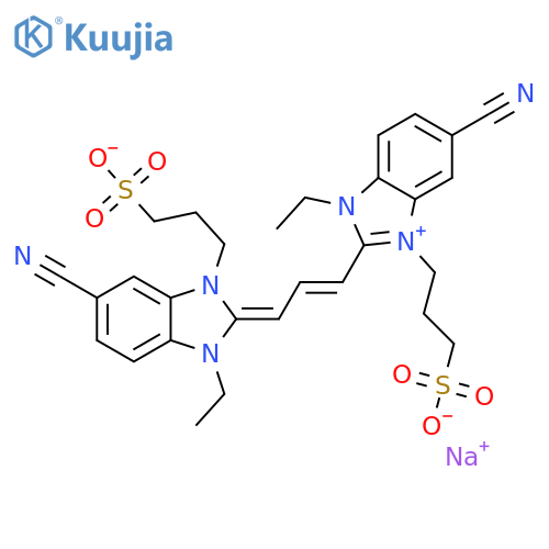 1H-Benzimidazolium,5-cyano-2-[3-[5-cyano-1-ethyl-1,3-dihydro-3-(3-sulfopropyl)-2H-benzimidazol-2-ylidene]-1-propenyl]-1-ethyl-3-(3-sulfopropyl)-, inner salt, sodium salt structure