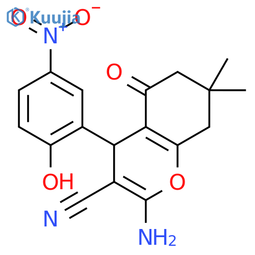 <br>2-amino-4-(2-hydroxy-5-nitrophenyl)-7,7-dimethyl-5-oxo-5,6,7,8-tetrahydro-4 H-chromene-3-carbonitrile structure