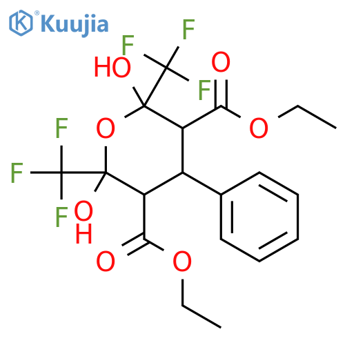 diethyl 2,6-dihydroxy-4-phenyl-2,6-bis(trifluoromethyl)tetrahydro-2H-pyran-3,5-dicarboxylate structure