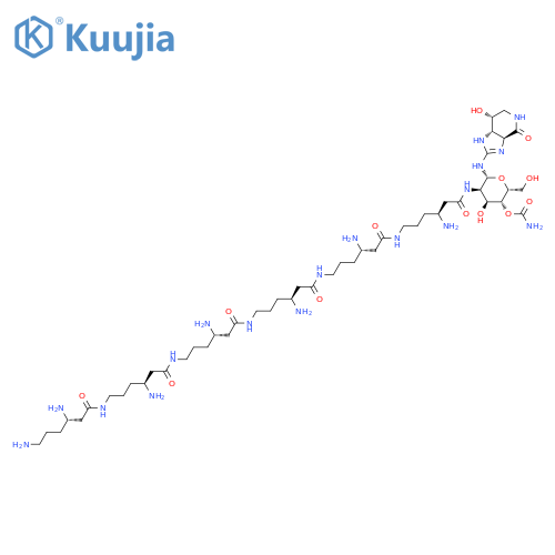 4-O-carbamoyl-2-deoxy-2-{[(3S,10S,17S,24S,31S,38S)-3,10,17,24,31,38,41-heptaamino-8,15,22,29,36-pentaoxo-7,14,21,28,35-pentaazahentetracontan-1-oyl]amino}-N-[(3aS,7R,7aS)-7-hydroxy-4-oxo-3a,4,5,6,7,7a-hexahydro-1H-imidazo[4,5-c]pyridin-2-yl]-beta-D-gulopy structure
