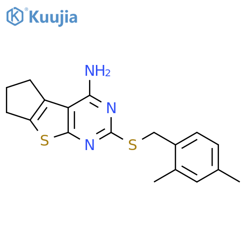 <br>2-((2,4-dimethylbenzyl)thio)-6,7-dihydro-5H-cyclopenta[4,5]thieno[2,3-d]pyr imidin-4-amine structure