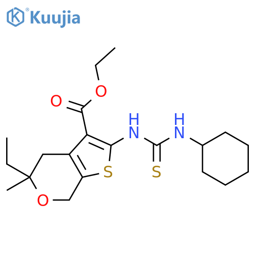 <br>ethyl 2-(3-cyclohexylthioureido)-5-ethyl-5-methyl-5,7-dihydro-4H-thieno[2,3 -c]pyran-3-carboxylate structure