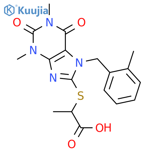 2-[1,3-DIMETHYL-7-[(2-METHYLPHENYL)METHYL]-2,6-DIOXOPURIN-8-YL]SULFANYLPROPANOIC ACID structure