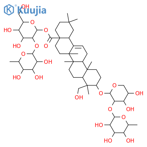 Hederagenin bisdesmosides; Tetraglycosides, 3-O-[α-L-Rhamnopyranosyl-(1→2)-α-L-arabinopyranoside], 28-O-[α-L-rhamnopyranosyl-(1→2)-β-D-glucopyranosyl] ester structure