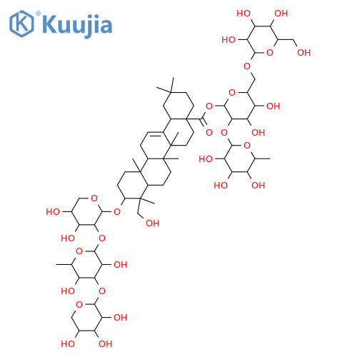 Hederagenin bisdesmosides; Hexaglycosides, 3-O-[β-D-Xylopyranosyl-(1→3)-α-L-rhamnopyranosyl-(1→2)-α-L-arabinopyranoside], 28-O-[α-L-rhamnopyranosyl-(1→2)-[β-D-glucopyranosyl-(1→6)]-β-D-glucopyranosyl] ester structure