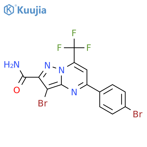 <br>3-bromo-5-(4-bromophenyl)-7-(trifluoromethyl)pyrazolo[1,5-a]pyrimidine-2-ca rboxamide structure