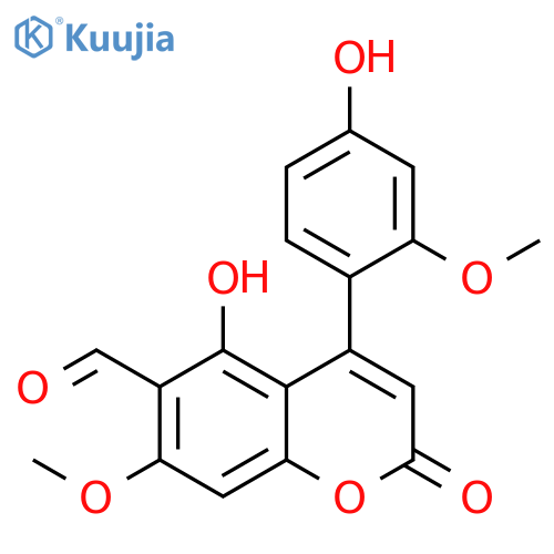 2H-1-Benzopyran-6-carboxaldehyde,5-hydroxy-4-(4-hydroxy-2-methoxyphenyl)-7-methoxy-2-oxo- structure