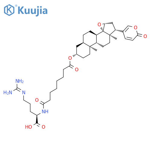 (3beta,5beta,15beta)-3-{[8-({(1R)-1-carboxy-4-[(diaminomethylidene)amino]butyl}amino)-8-oxooctanoyl]oxy}-14,15-epoxybufa-20,22-dienolide structure
