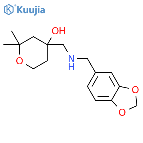 <br>4-(((Benzo[d][1,3]dioxol-5-ylmethyl)amino)methyl)-2,2-dimethyltetrahydro-2H -pyran-4-ol structure