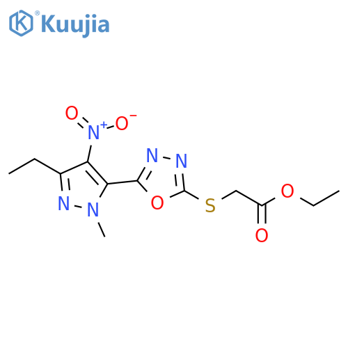 Acetic acid,[[5-(3-ethyl-1-methyl-4-nitro-1H-pyrazol-5-yl)-1,3,4-oxadiazol-2-yl]thio]-,ethyl ester structure