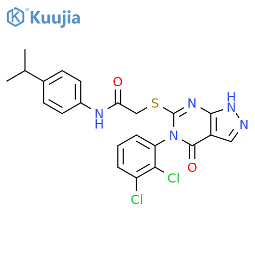 2-{5-(2,3-dichlorophenyl)-4-oxo-1H,4H,5H-pyrazolo3,4-dpyrimidin-6-ylsulfanyl}-N-4-(propan-2-yl)phenylacetamide structure