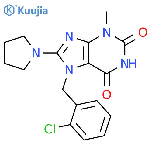7-(2-chlorophenyl)methyl-3-methyl-8-(pyrrolidin-1-yl)-2,3,6,7-tetrahydro-1H-purine-2,6-dione structure