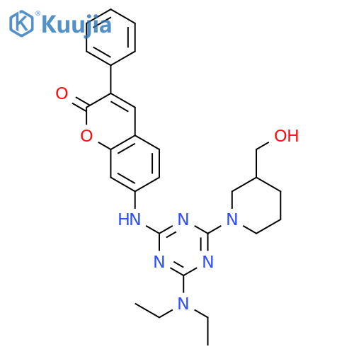 2H-1-Benzopyran-2-one,7-[[4-(diethylamino)-6-[3-(hydroxymethyl)-1-piperidinyl]-1,3,5-triazin-2-yl]amino]-3-phenyl- structure