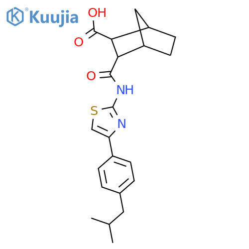 3-({[4-(4-Isobutylphenyl)-1,3-thiazol-2-yl]amino}carbonyl)bicyclo[2.2.1]heptane-2-carboxylic acid structure