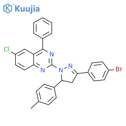 2-[3-(4-bromophenyl)-5-(4-methylphenyl)-4,5-dihydro-1H-pyrazol-1-yl]-6-chloro-4-phenylquinazoline structure