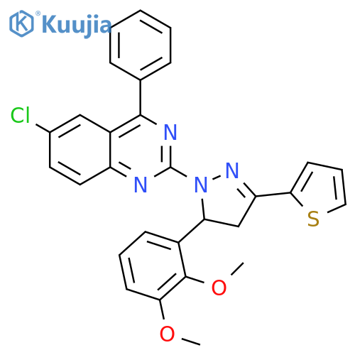 6-chloro-2-5-(2,3-dimethoxyphenyl)-3-(thiophen-2-yl)-4,5-dihydro-1H-pyrazol-1-yl-4-phenylquinazoline structure
