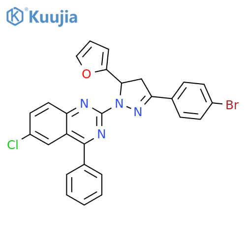 2-3-(4-bromophenyl)-5-(furan-2-yl)-4,5-dihydro-1H-pyrazol-1-yl-6-chloro-4-phenylquinazoline structure