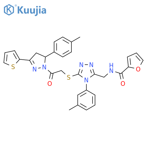N-{4-(3-methylphenyl)-5-({2-5-(4-methylphenyl)-3-(thiophen-2-yl)-4,5-dihydro-1H-pyrazol-1-yl-2-oxoethyl}sulfanyl)-4H-1,2,4-triazol-3-ylmethyl}furan-2-carboxamide structure