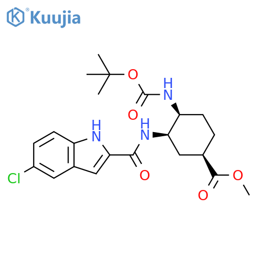 Cyclohexanecarboxylic acid,3-[[(5-chloro-1H-indol-2-yl)carbonyl]amino]-4-[[(1,1-dimethylethoxy)carbonyl]amino]-, methyl ester, (1R,3R,4S)-rel- structure