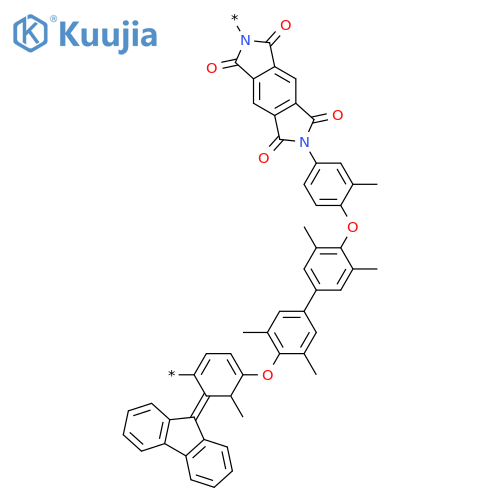 POLY[(5,7-DIHYDRO-1,3,5,7-TETRAOXOBENZO[1,2-C:4,5-C']DIPYRROLE-2,6(1H,3H)-DIYL)(3-METHYL-1,4-PHENYLENE)OXY(2,6-DIMETHYL-1,4-PHENYLENE)-9H-FLUOREN-9-YLIDENE(3,5-DIMETHYL-1,4-PHENYLENE)OXY(2-METHYL-1,4-PHENYLENE)] structure