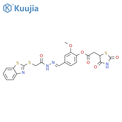 4-(1E)-{2-(1,3-benzothiazol-2-ylsulfanyl)acetamidoimino}methyl-2-methoxyphenyl 2-(2,4-dioxo-1,3-thiazolidin-5-yl)acetate structure
