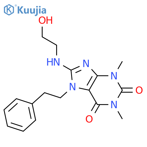 8-(2-hydroxyethyl)amino-1,3-dimethyl-7-(2-phenylethyl)-2,3,6,7-tetrahydro-1H-purine-2,6-dione structure