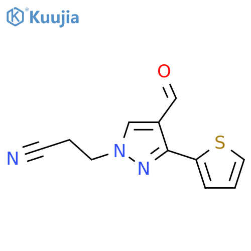 3-[4-formyl-3-(thiophen-2-yl)-1H-pyrazol-1-yl]propanenitrile structure