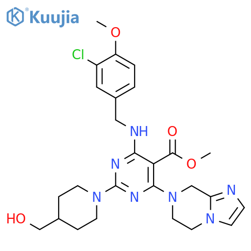 5-Pyrimidinecarboxylic acid,4-[[(3-chloro-4-methoxyphenyl)methyl]amino]-6-(5,6-dihydroimidazo[1,2-a]pyrazin-7(8H)-yl)-2-[4-(hydroxymethyl)-1-piperidinyl]-, methyl ester structure