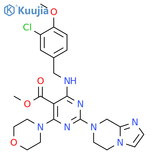 5-Pyrimidinecarboxylic acid,4-[[(3-chloro-4-methoxyphenyl)methyl]amino]-2-(5,6-dihydroimidazo[1,2-a]pyrazin-7(8H)-yl)-6-(4-morpholinyl)-, methyl ester structure