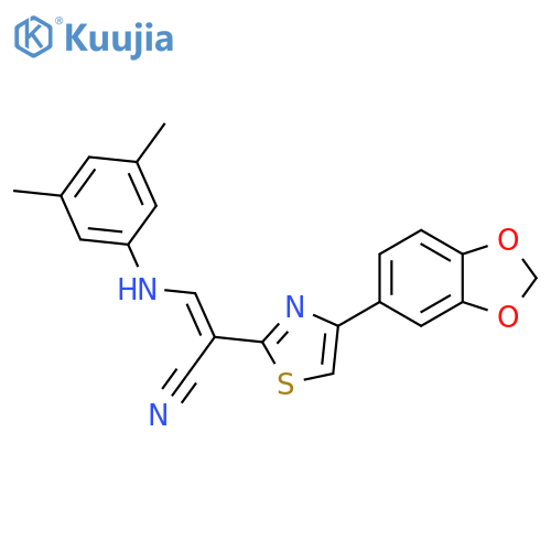 (2E)-2-4-(2H-1,3-benzodioxol-5-yl)-1,3-thiazol-2-yl-3-(3,5-dimethylphenyl)aminoprop-2-enenitrile structure