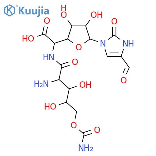 {[2-amino-5-(carbamoyloxy)-3,4-dihydroxypentanoyl]amino}[5-(4-formyl-2-oxo-2,3-dihydro-1H-imidazol-1-yl)-3,4-dihydroxytetrahydrofuran-2-yl]acetic acid (non-preferred name) structure