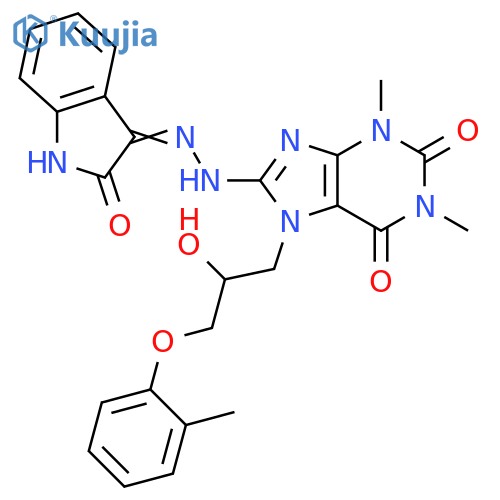 7-2-hydroxy-3-(2-methylphenoxy)propyl-1,3-dimethyl-8-{2-(3Z)-2-oxo-2,3-dihydro-1H-indol-3-ylidenehydrazin-1-yl}-2,3,6,7-tetrahydro-1H-purine-2,6-dione structure