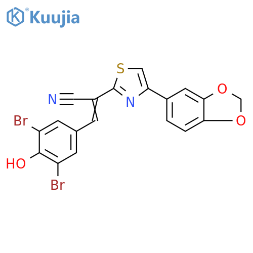 (2Z)-2-4-(2H-1,3-benzodioxol-5-yl)-1,3-thiazol-2-yl-3-(3,5-dibromo-4-hydroxyphenyl)prop-2-enenitrile structure