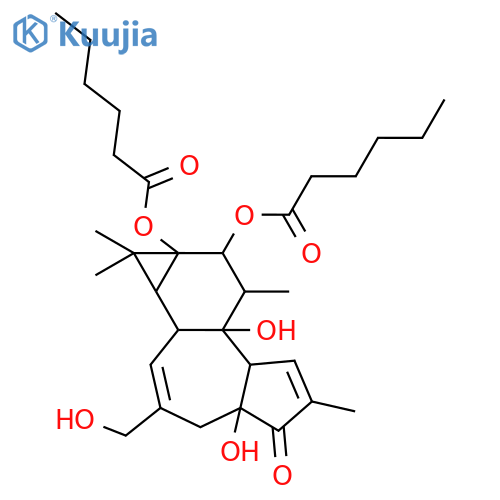 Hexanoic acid,1,1'-[(1aR,1bS,4aR,7aS,7bS,8R,9R,9aS)-1,1a,1b,4,4a,5,7a,7b,8,9-decahydro-4a,7b-dihydroxy-3-(hydroxymethyl)-1,1,6,8-tetramethyl-5-oxo-9aH-cyclopropa[3,4]benz[1,2-e]azulene-9,9a-diyl]ester structure