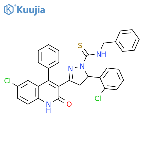 N-benzyl-3-(6-chloro-2-hydroxy-4-phenylquinolin-3-yl)-5-(2-chlorophenyl)-4,5-dihydro-1H-pyrazole-1-carbothioamide structure