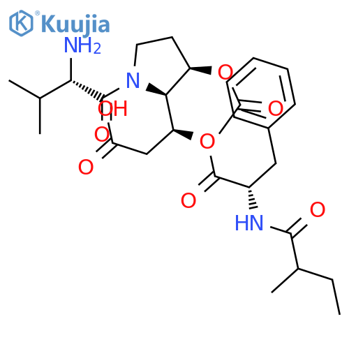 (3S)-3-[(2S,3R)-3-(acetyloxy)-1-L-valylpyrrolidin-2-yl]-3-{[N-(2-methylbutanoyl)-L-phenylalanyl]oxy}propanoic acid structure