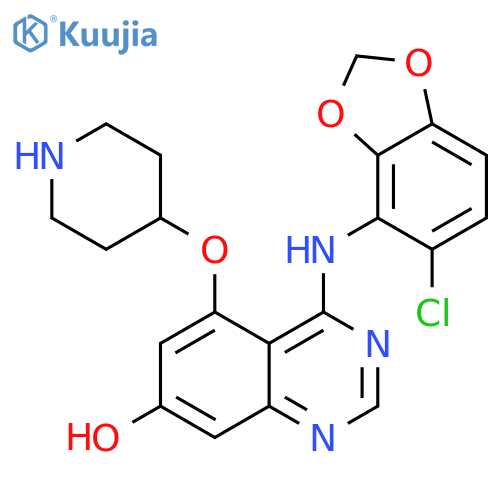 4-[(5-chloro-1,3-benzodioxol-4-yl)amino]-5-(piperidin-4-yloxy)quinazolin-7-ol structure