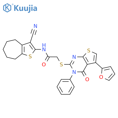N-{3-cyano-4H,5H,6H,7H,8H-cyclohepta[b]thiophen-2-yl}-2-{[5-(furan-2-yl)-4-oxo-3-phenyl-3H,4H-thieno[2,3-d]pyrimidin-2-yl]sulfanyl}acetamide structure
