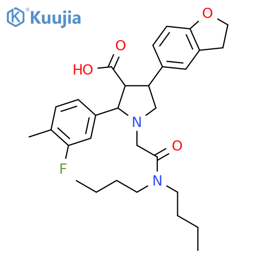 1-(N,N-Dibutylcarbamoylmethyl)-4(S)-(2,3-dihydrobenzofuran-5-yl)-2(R)-(3-fluoro-4-methylphenyl)pyrrolidine-3(R)-carboxylic acid structure