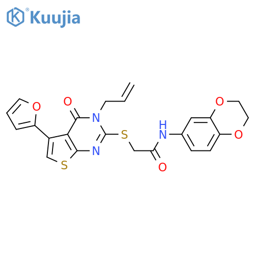 N-(2,3-dihydro-1,4-benzodioxin-6-yl)-2-{5-(furan-2-yl)-4-oxo-3-(prop-2-en-1-yl)-3H,4H-thieno2,3-dpyrimidin-2-ylsulfanyl}acetamide structure