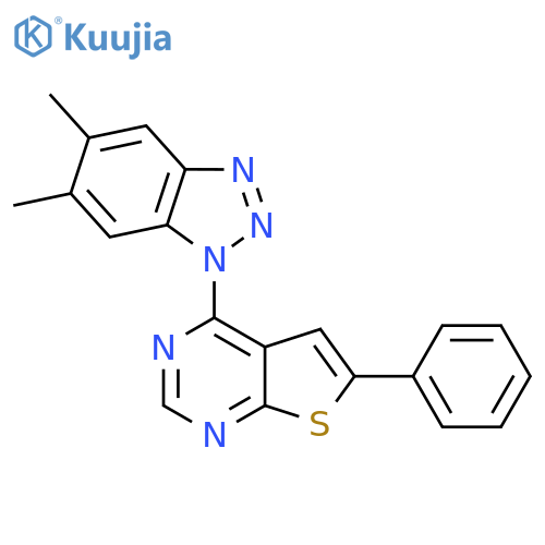 5,6-dimethyl-1-{6-phenylthieno[2,3-d]pyrimidin-4-yl}-1H-1,2,3-benzotriazole structure