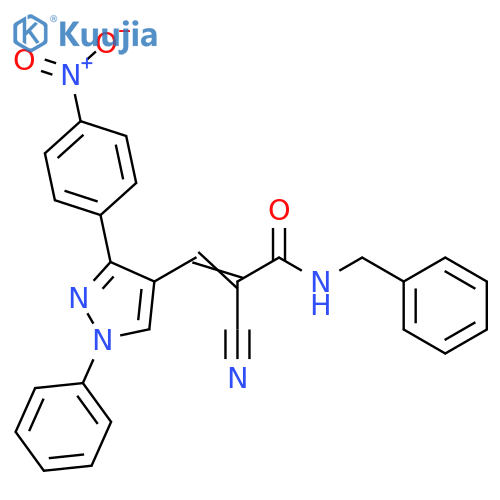 (E)-N-benzyl-2-cyano-3-[3-(4-nitrophenyl)-1-phenylpyrazol-4-yl]prop-2-enamide structure