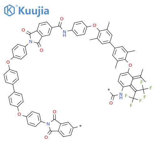 Poly[(1,3-dihydro-1,3-dioxo-2H-isoindole-5,2-diyl)-1,4-phenyleneoxy-1,4-phenylene[2,2,2-trifluoro-1-(trifluoromethyl)ethylidene]-1,4-phenyleneoxy-1,4-phenylene(1,3-dihydro-1,3-dioxo-2H-isoindole-2,5-diyl)carbonylimino-1,4-phenyleneoxy(2,6-dimethyl-1,4-phenylene)(1-methylethylidene)(3,5-dimethyl-1,4-phenylene)oxy-1,4-phenyleneiminocarbonyl] structure