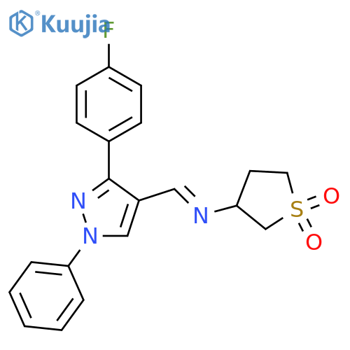 3-(E)-{3-(4-fluorophenyl)-1-phenyl-1H-pyrazol-4-ylmethylidene}amino-1lambda6-thiolane-1,1-dione structure