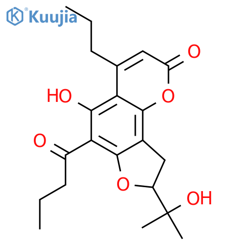 6-butyryl-5-hydroxy-8-(1-hydroxy-1-methyl-ethyl)-4-propyl-8,9-dihydro-furo[2,3-h]chromen-2-one structure