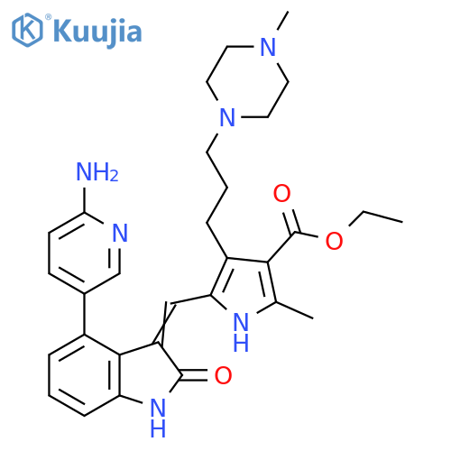 1H-Pyrrole-3-carboxylic acid,5-[[4-(6-amino-3-pyridinyl)-1,2-dihydro-2-oxo-3H-indol-3-ylidene]methyl]-2-methyl-4-[3-(4-methyl-1-piperazinyl)propyl]-, ethyl ester structure