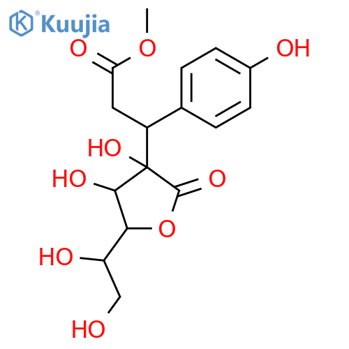 3-[5-(1,2-dihydroxy-ethyl)-3,4-dihydroxy-2-oxo-tetrahydro-furan-3-yl]-3-(4-hydroxy-phenyl)-propionic acid methyl ester structure
