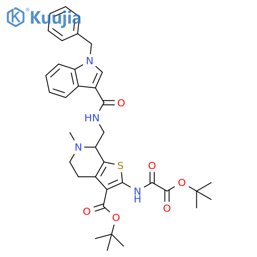 Thieno[2,3-c]pyridine-3-carboxylic acid,2-[[(1,1-dimethylethoxy)oxoacetyl]amino]-4,5,6,7-tetrahydro-6-methyl-7-[[[[1-(phenylmethyl)-1H-indol-3-yl]carbonyl]amino]methyl]-,1,1-dimethylethyl ester structure